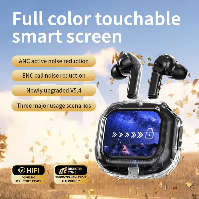 True Wireless Bluetooth Earbuds 5.4 Headphones ANC Noise Reduction Stereo Bass HD Mic Gamer Headset with LED Touch Screen Control