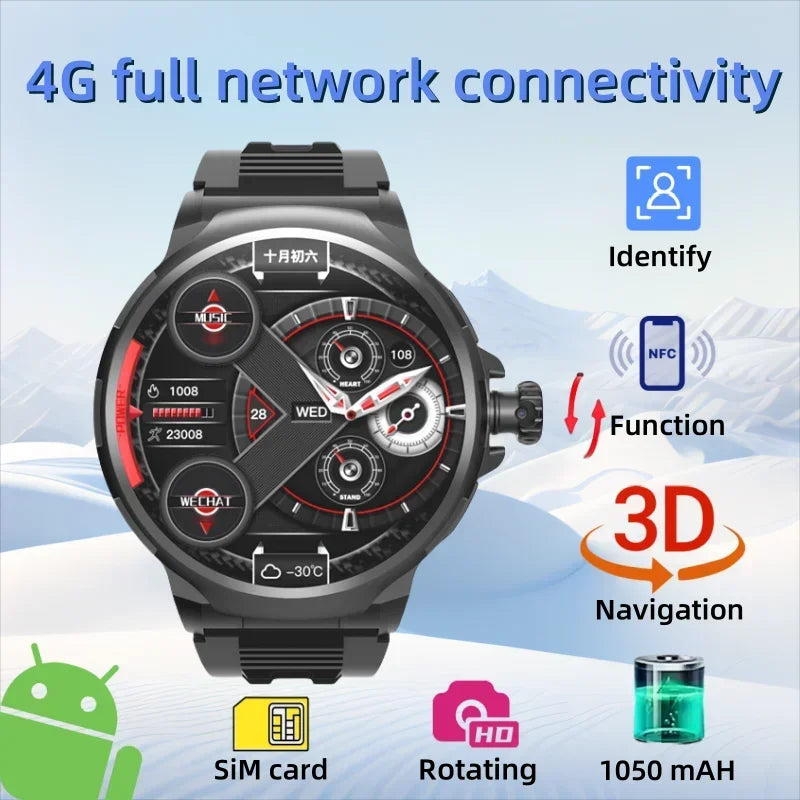 2026 New Smartwatch 1.85-inch Display High Definition Screen Android OS 4G SIM Card 180° Rotating Camera Waterproof WiFi GPS