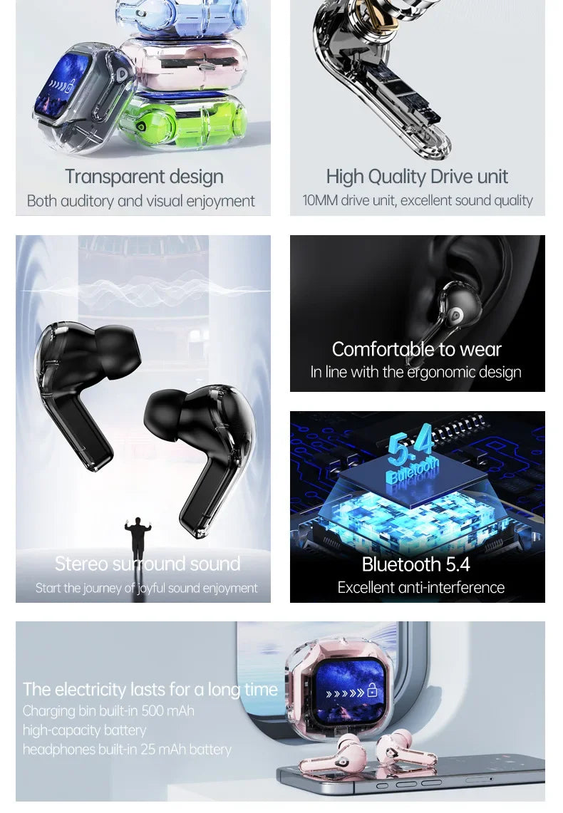 True Wireless Bluetooth Earbuds 5.4 Headphones ANC Noise Reduction Stereo Bass HD Mic Gamer Headset with LED Touch Screen Control