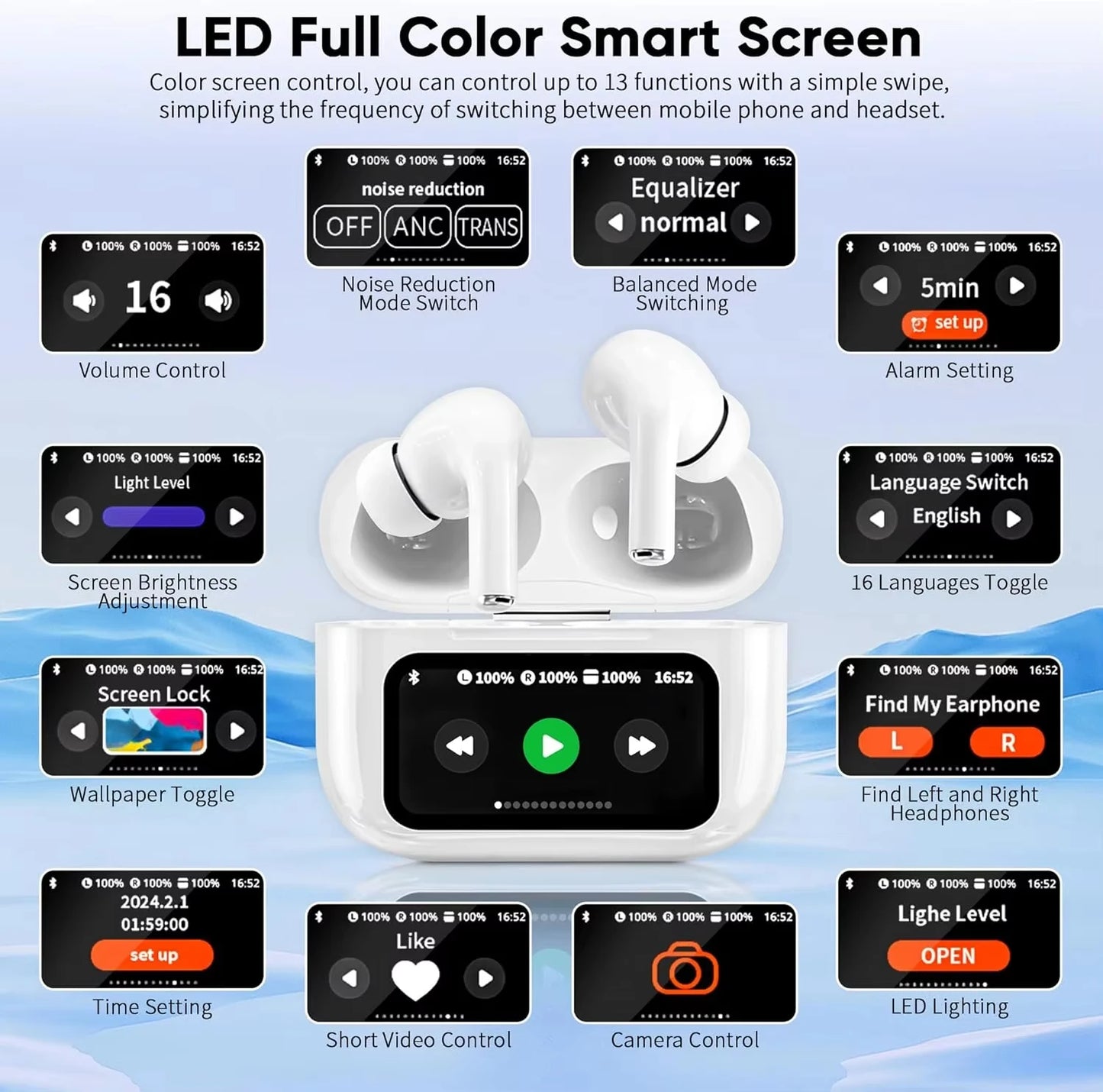 In Ear Earphones Wireless Earbuds Touch Control LCD Screen Earphone ~ headphones with ENC Noise Cancell Super Bass Premium Sound Long Battery