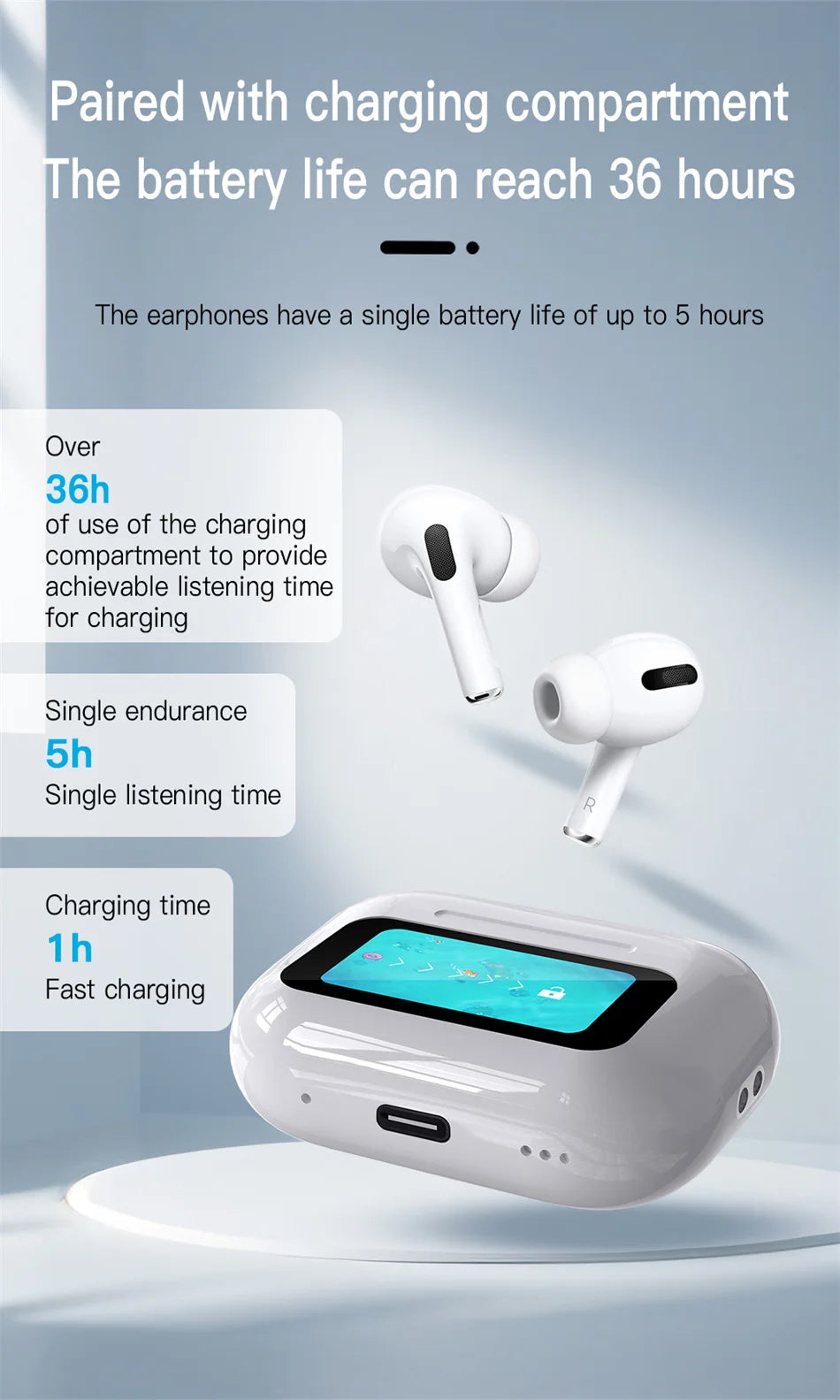 In Ear Earphones Wireless Earbuds Touch Control LCD Screen Earphone ~ headphones with ENC Noise Cancell Super Bass Premium Sound Long Battery