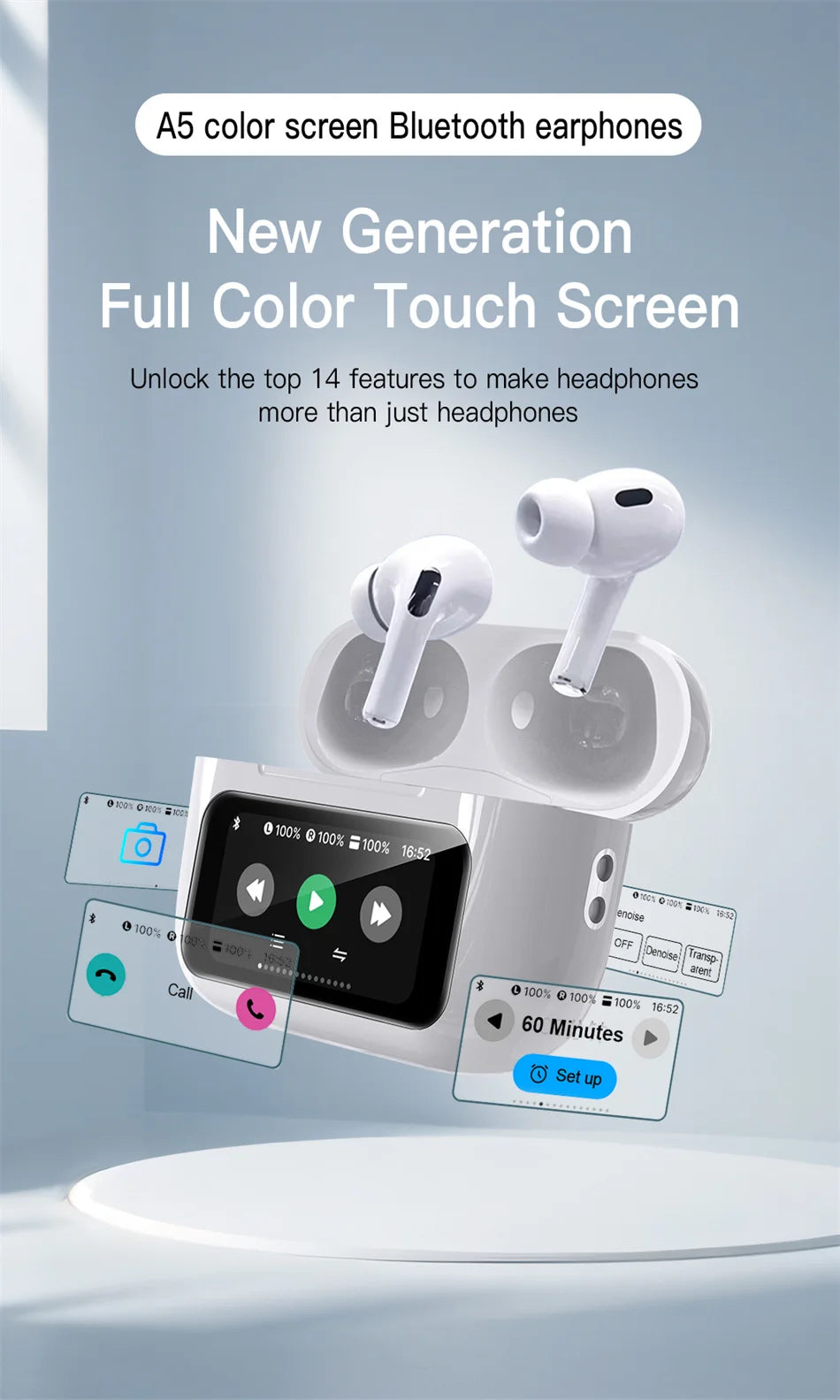 In Ear Earphones Wireless Earbuds Touch Control LCD Screen Earphone ~ headphones with ENC Noise Cancell Super Bass Premium Sound Long Battery