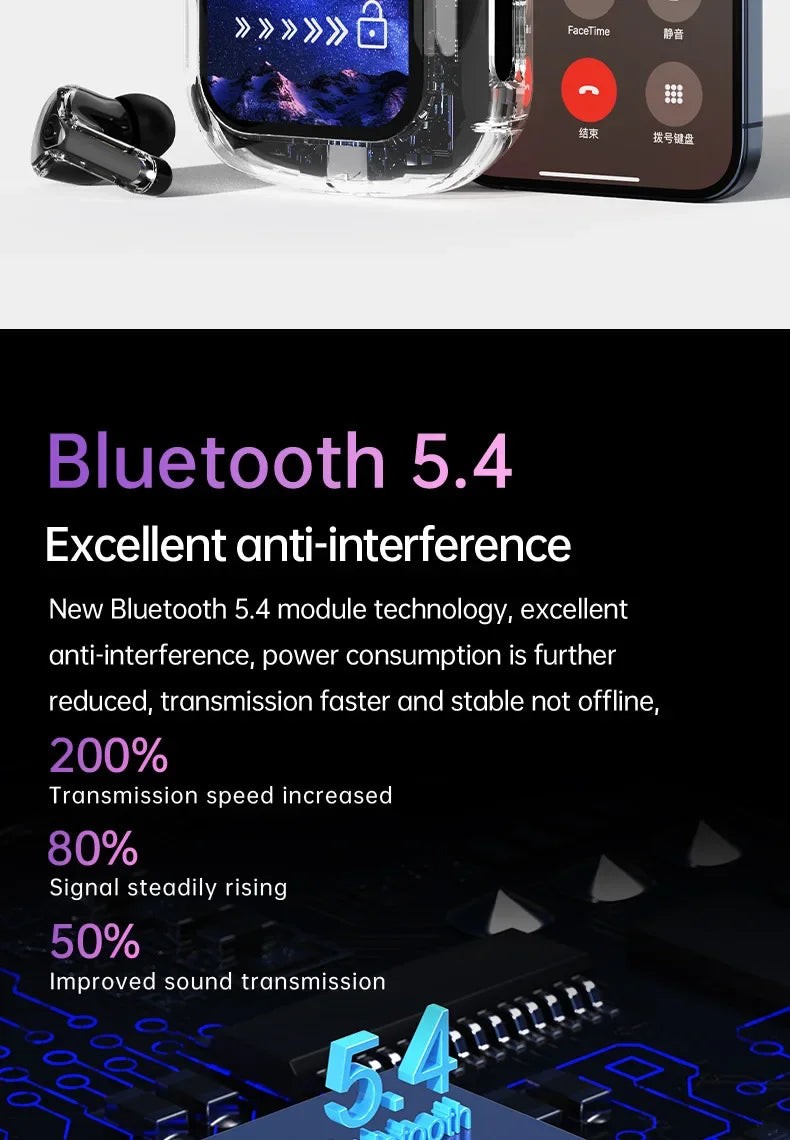 True Wireless Bluetooth Earbuds 5.4 Headphones ANC Noise Reduction Stereo Bass HD Mic Gamer Headset with LED Touch Screen Control