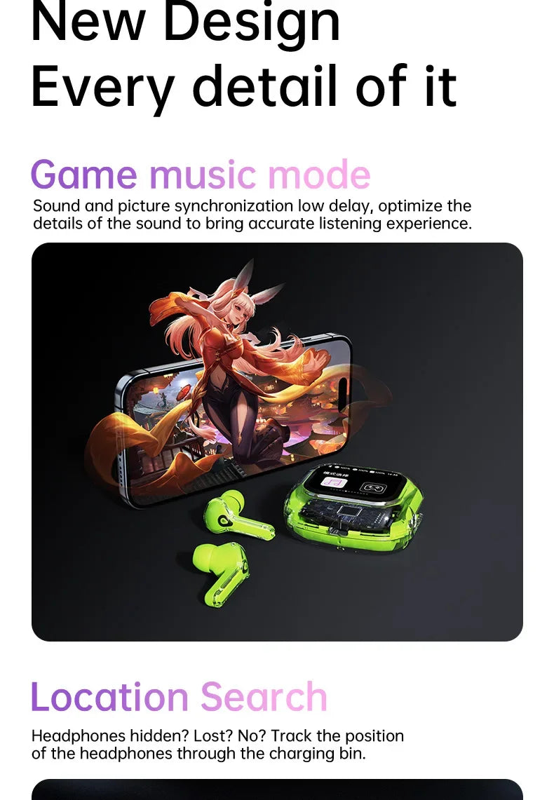 True Wireless Bluetooth Earbuds 5.4 Headphones ANC Noise Reduction Stereo Bass HD Mic Gamer Headset with LED Touch Screen Control