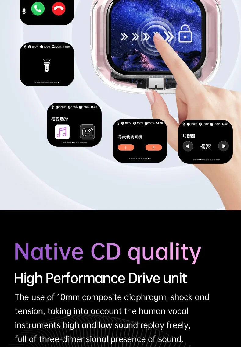 True Wireless Bluetooth Earbuds 5.4 Headphones ANC Noise Reduction Stereo Bass HD Mic Gamer Headset with LED Touch Screen Control