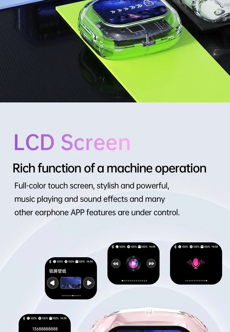 True Wireless Bluetooth Earbuds 5.4 Headphones ANC Noise Reduction Stereo Bass HD Mic Gamer Headset with LED Touch Screen Control